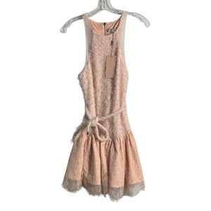 NWT Three Floor Pink Frilly Fuzzy Lace‎ Belted Mini Dress Size 8 Coquette